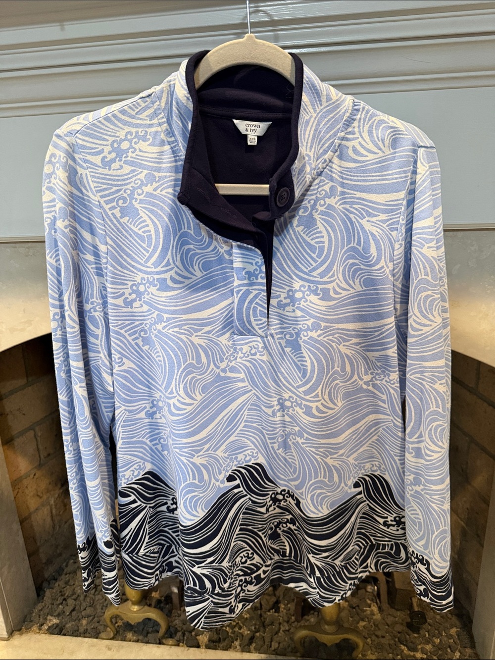 Crown & Ivy Light Blue and Navy Wave-Print Zip-Up Pullover size XL